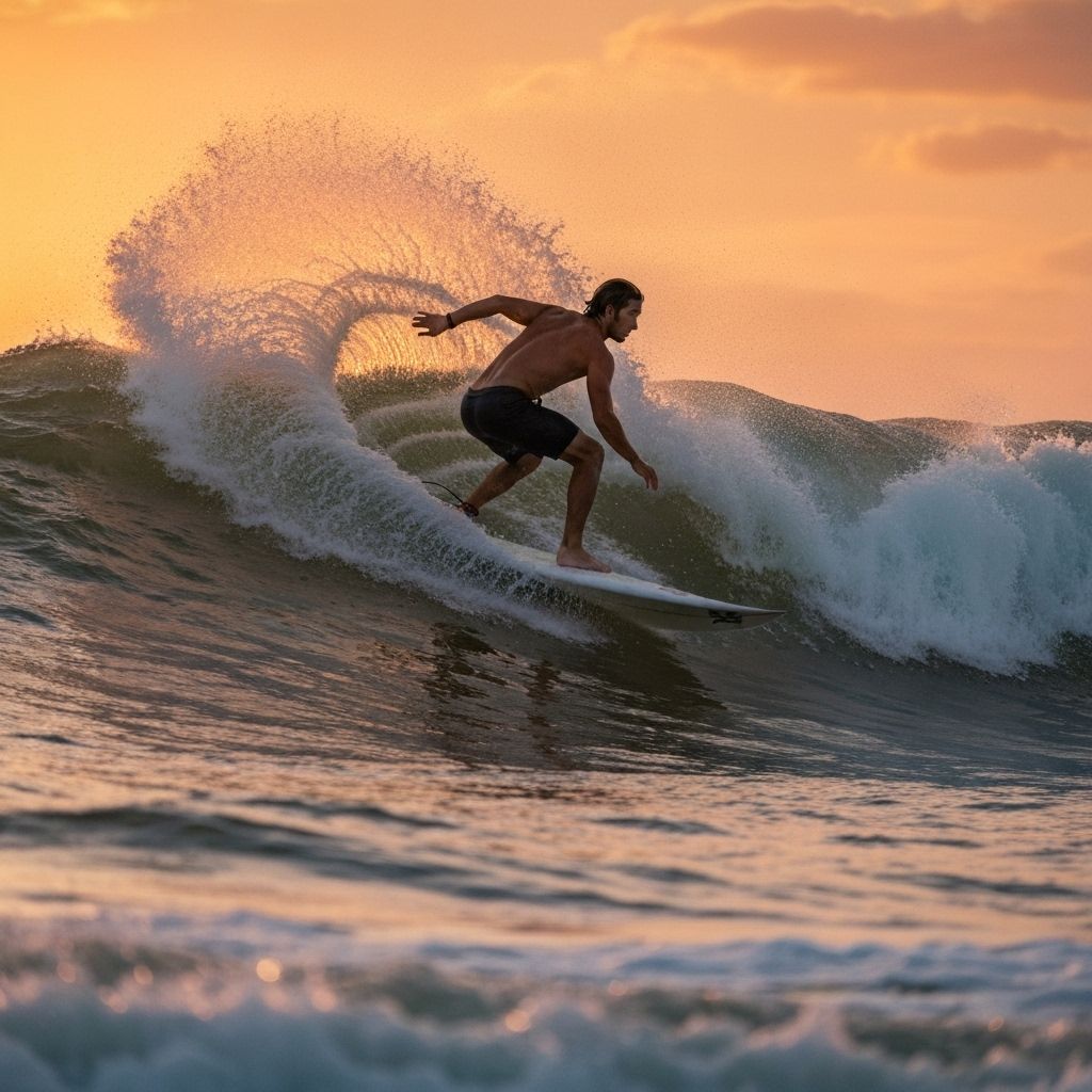 Surfer riding a wave at sunset